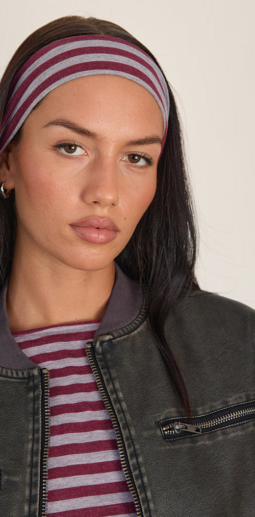 Image of Headband in Burgundy and Grey Stripe