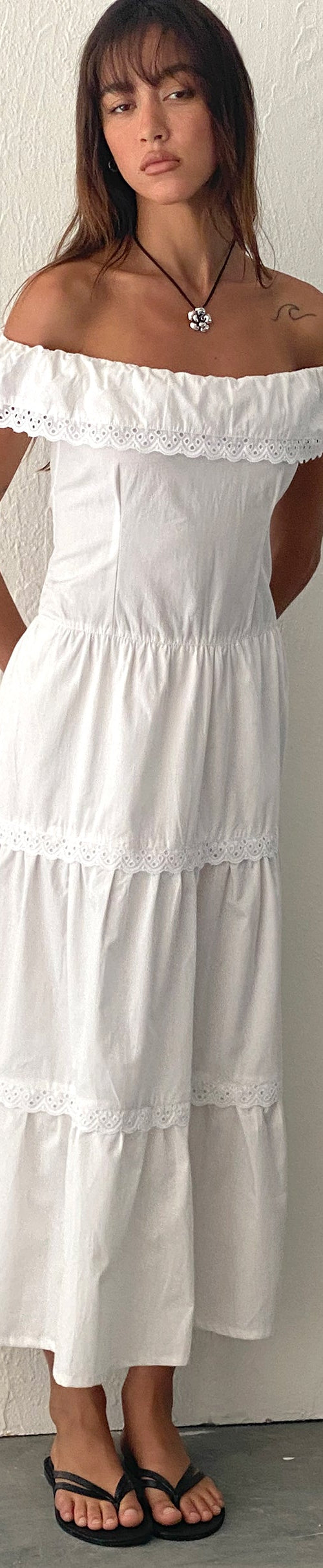 Image of Helpa Tiered Bardot Maxi Dress in White