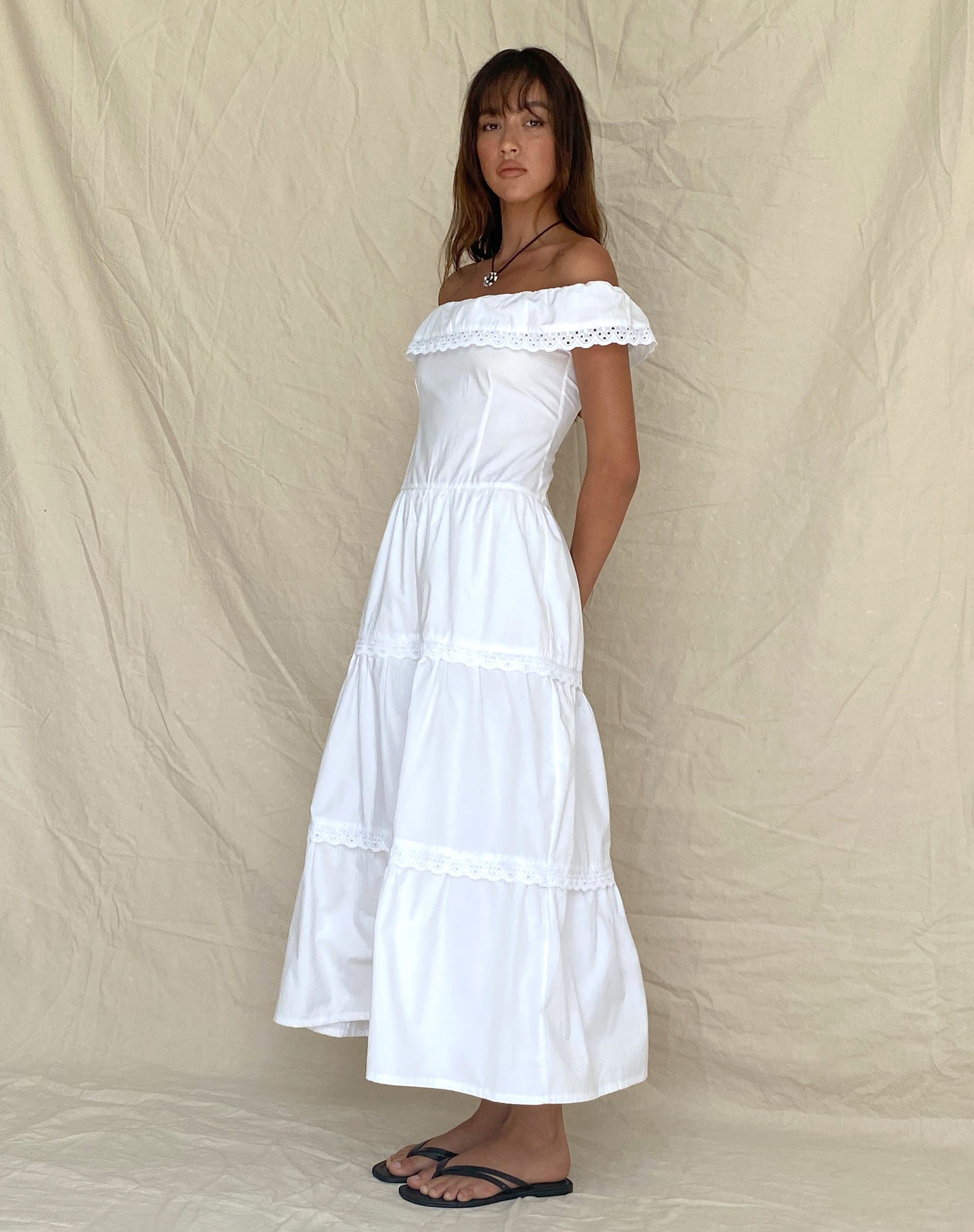 Image of Helpa Tiered Bardot Maxi Dress in White