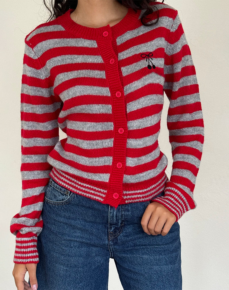 Henidar Cardigan in Red and Grey Stripe with Cherry Emb