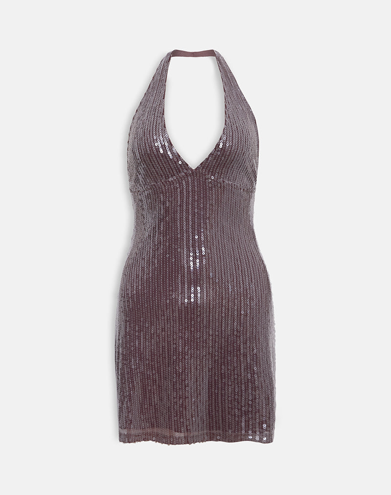 Image of Hepasi Halter Dress in Clear Tinted Sequin Brown