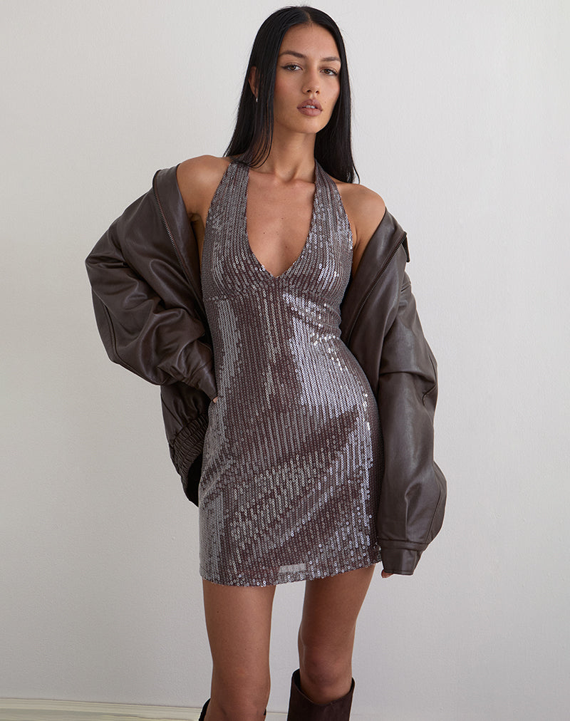 Image of Hepasi Halter Dress in Clear Tinted Sequin Brown