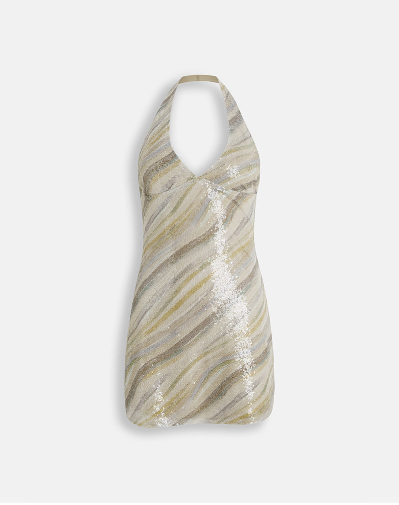 Image of Hepasi Halter Mini Dress in Stripe Sequin Light Taupe