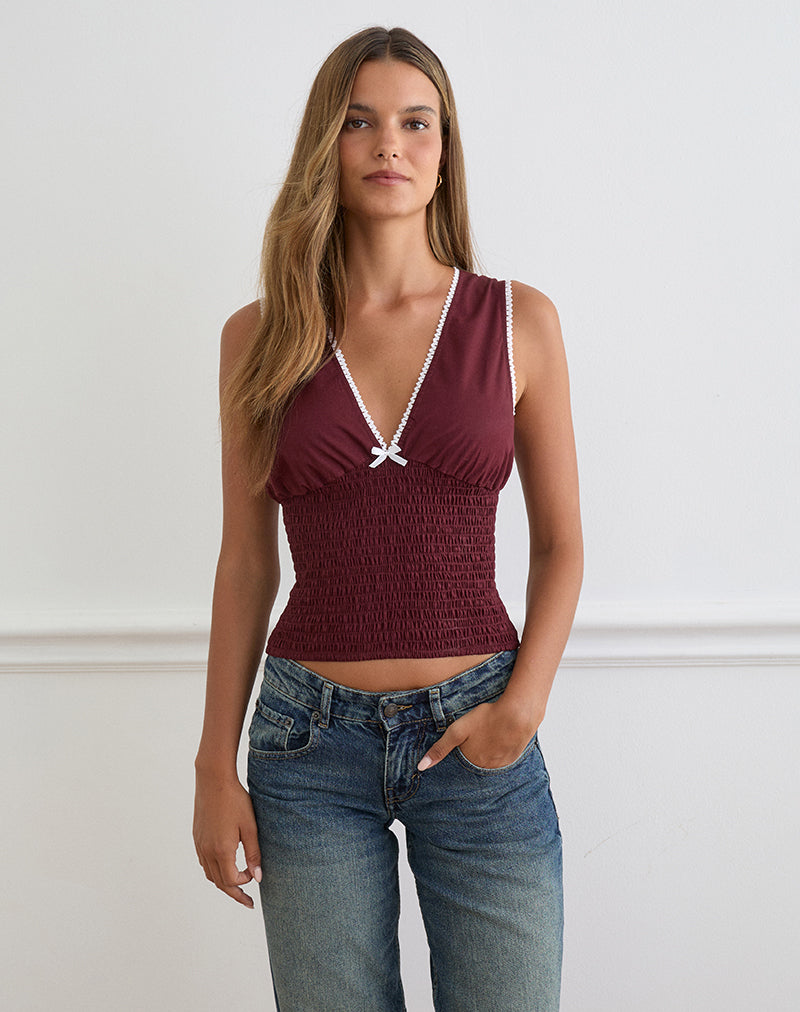 Hevalis Plunge Top in Poplin Maroon