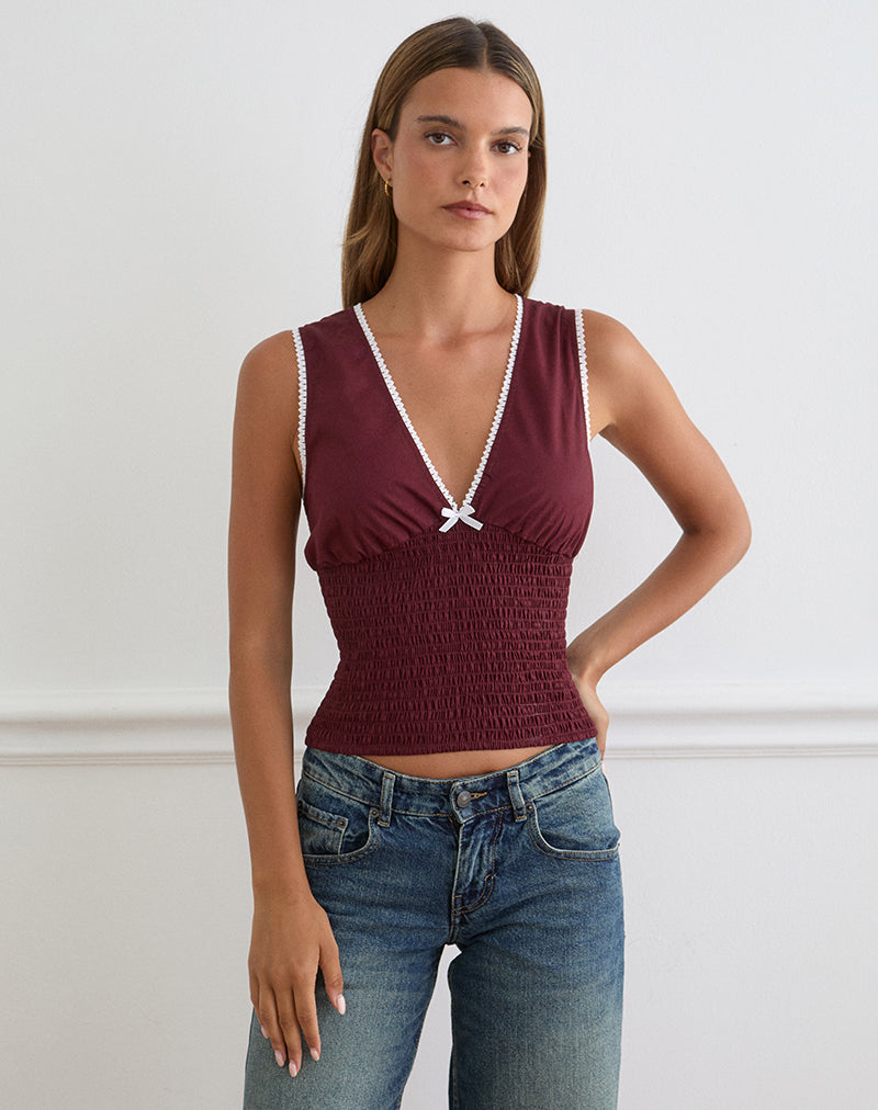Image of Hevalis Plunge Top in Poplin Maroon