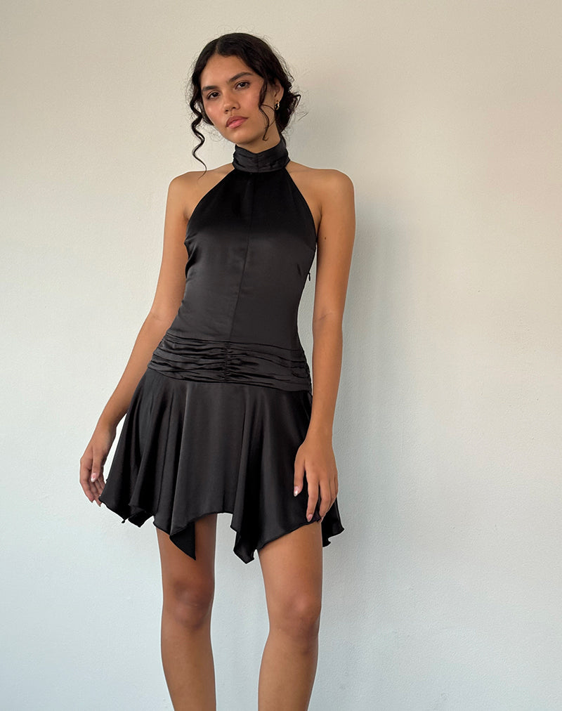 Image of Hydri Satin Halterneck Mini Dress in Black