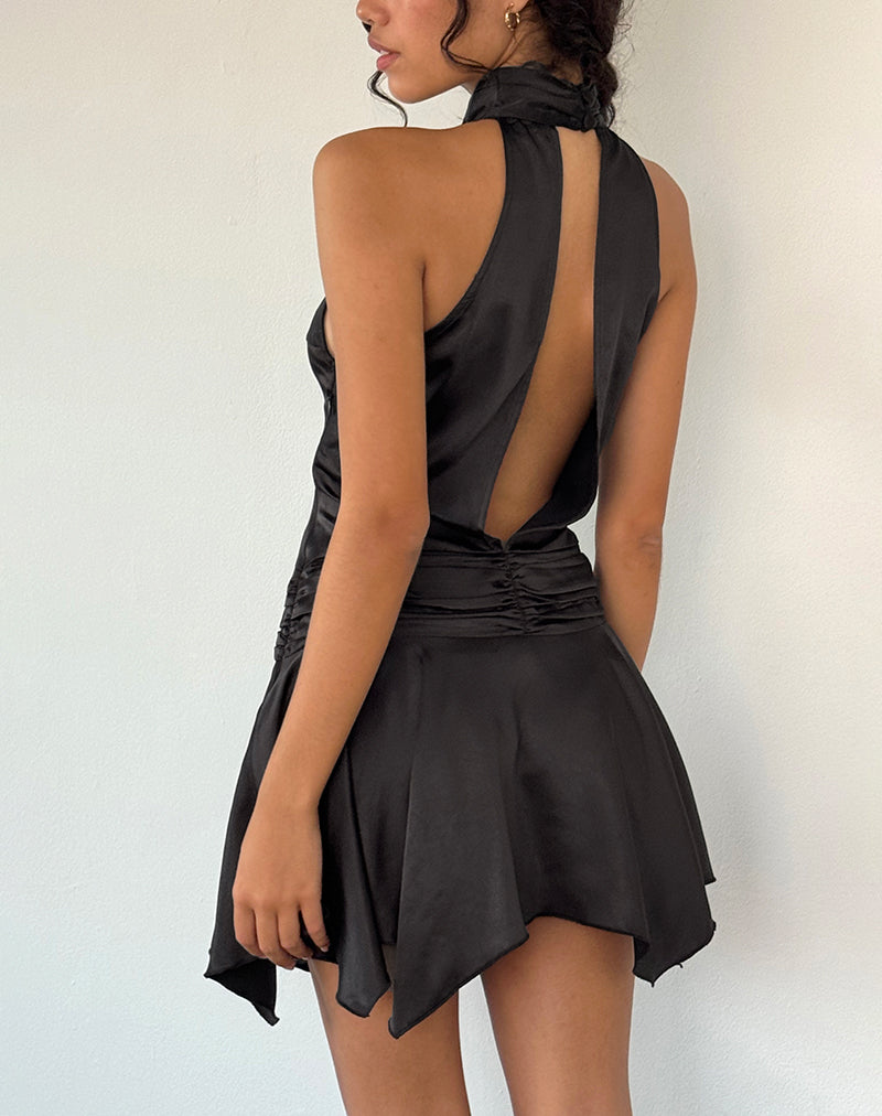 Image of Hydri Satin Halterneck Mini Dress in Black