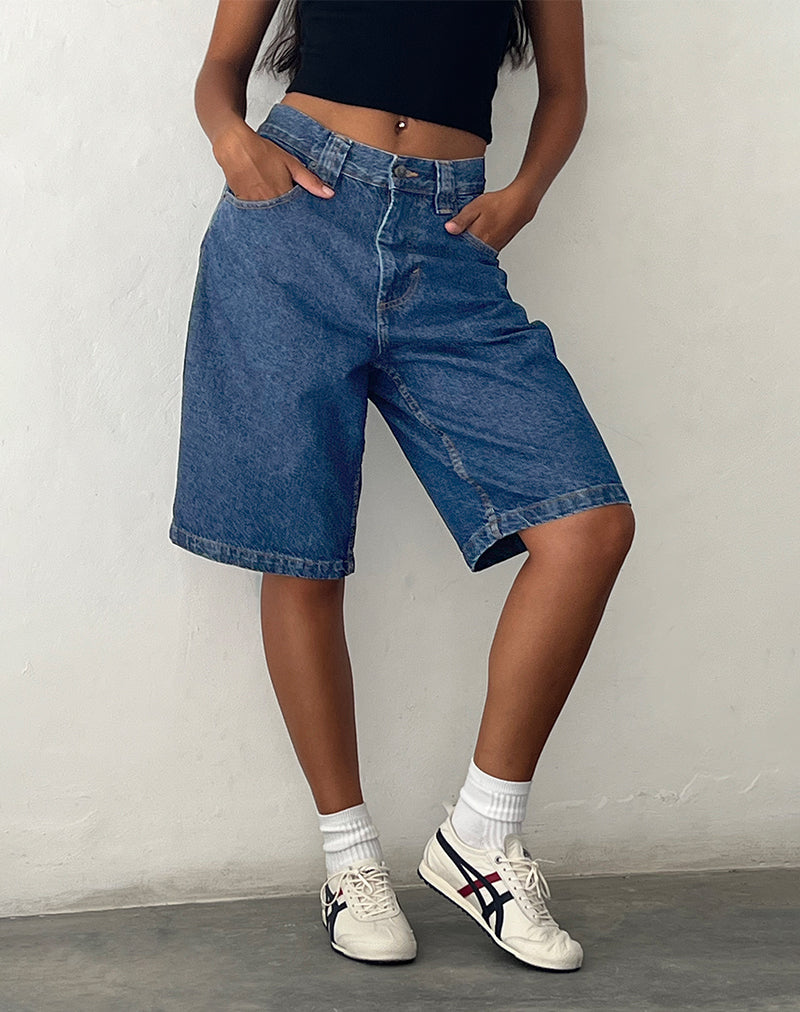 Low Rise Denim Skater Short in Core Blue Stone