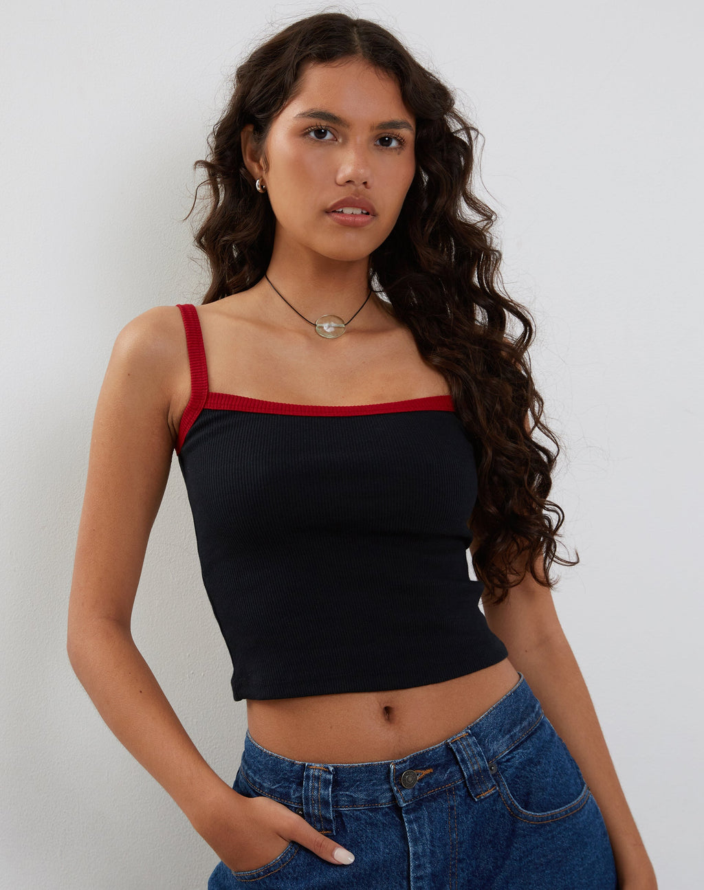 Icah Ribbed Vest Top in Black with Red Binding