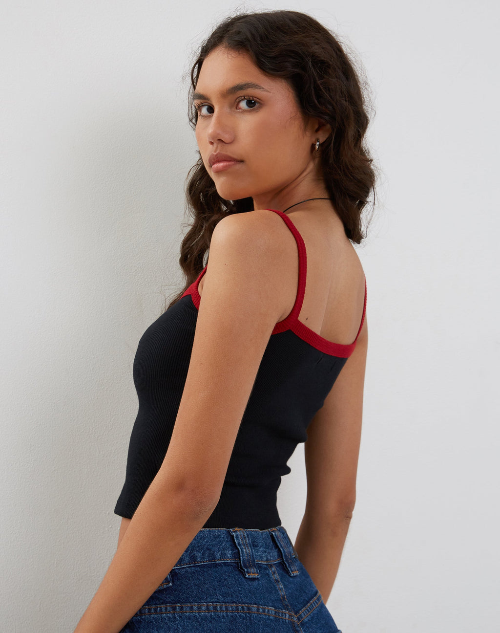 Icah Ribbed Vest Top in Black with Red Binding