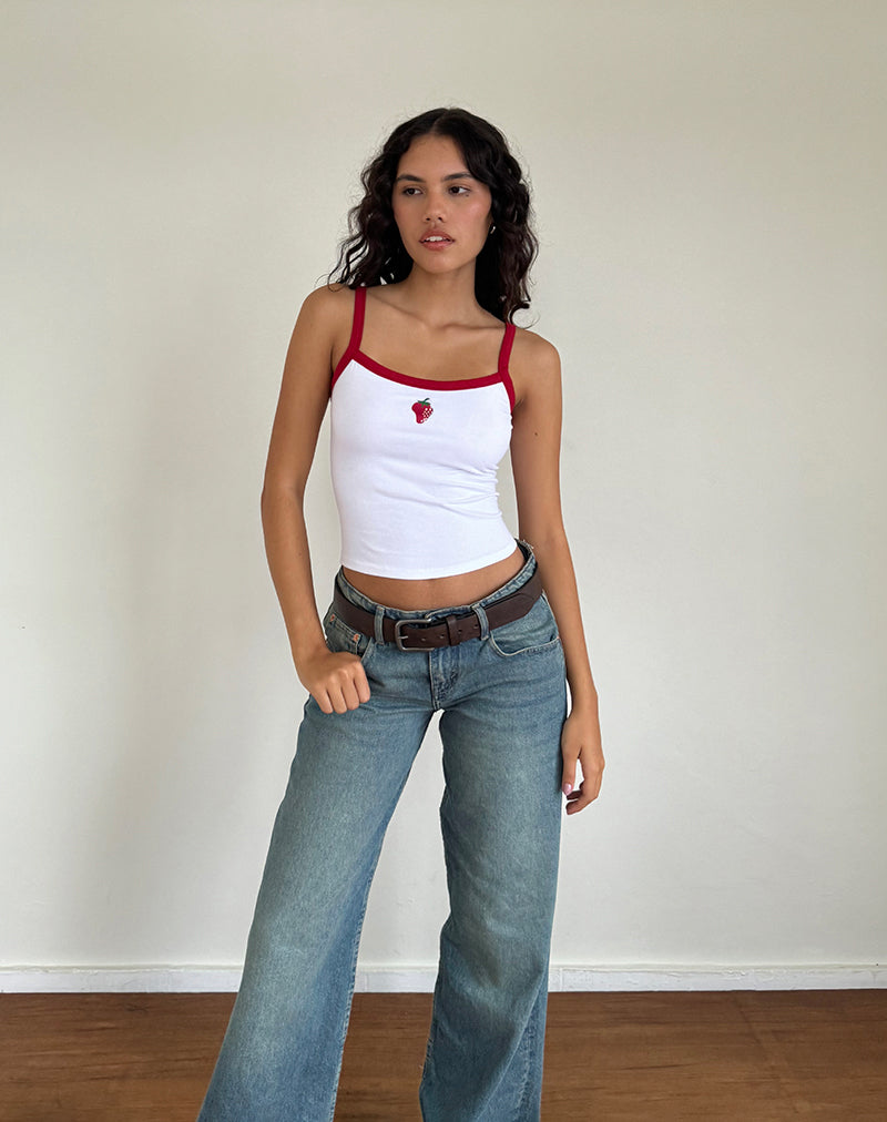Image of Icah Vest Top in White with Red Binding and Strawberry