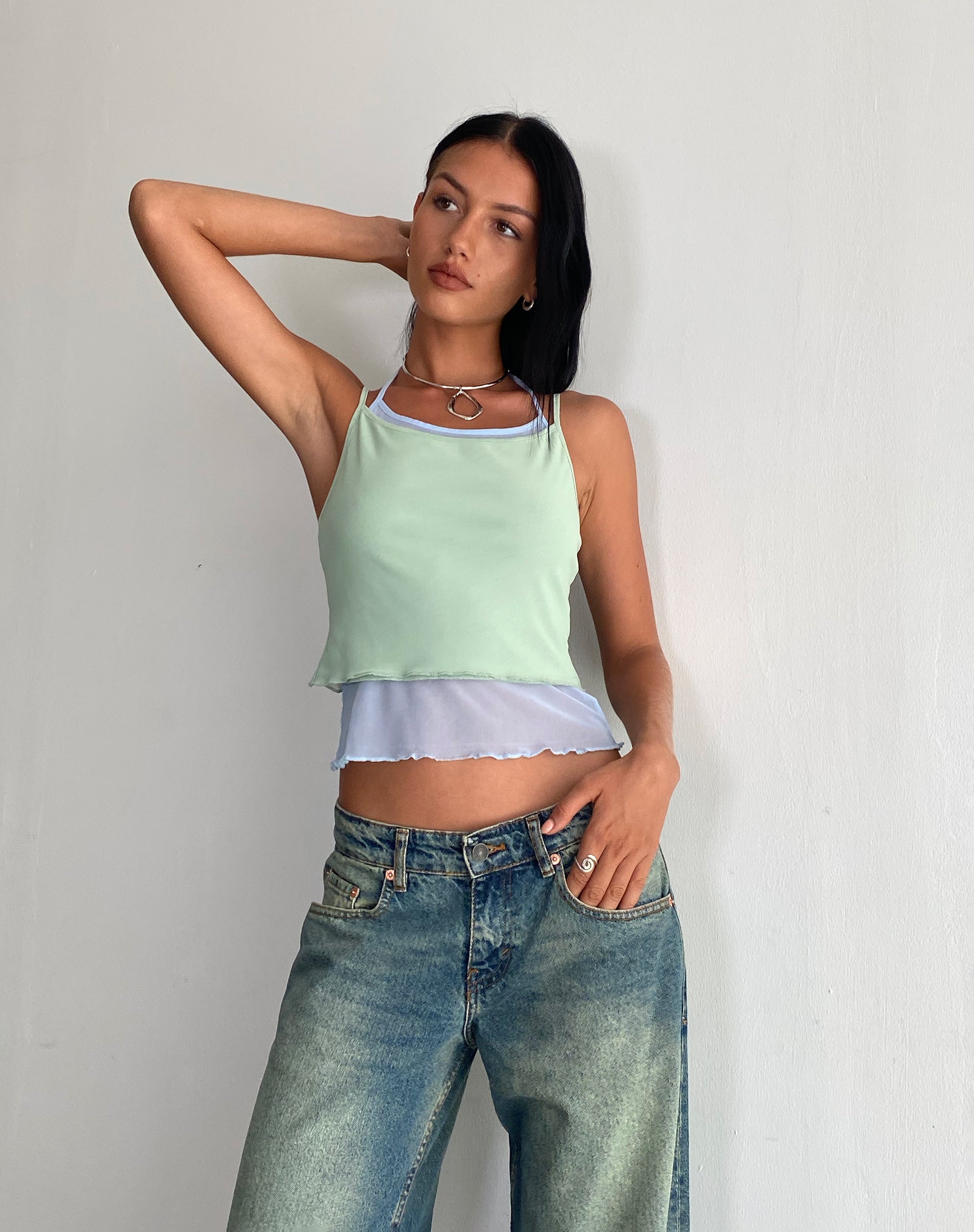 Image of Sapphi Double Layered Cami Top in Frost Blue and Sage Green