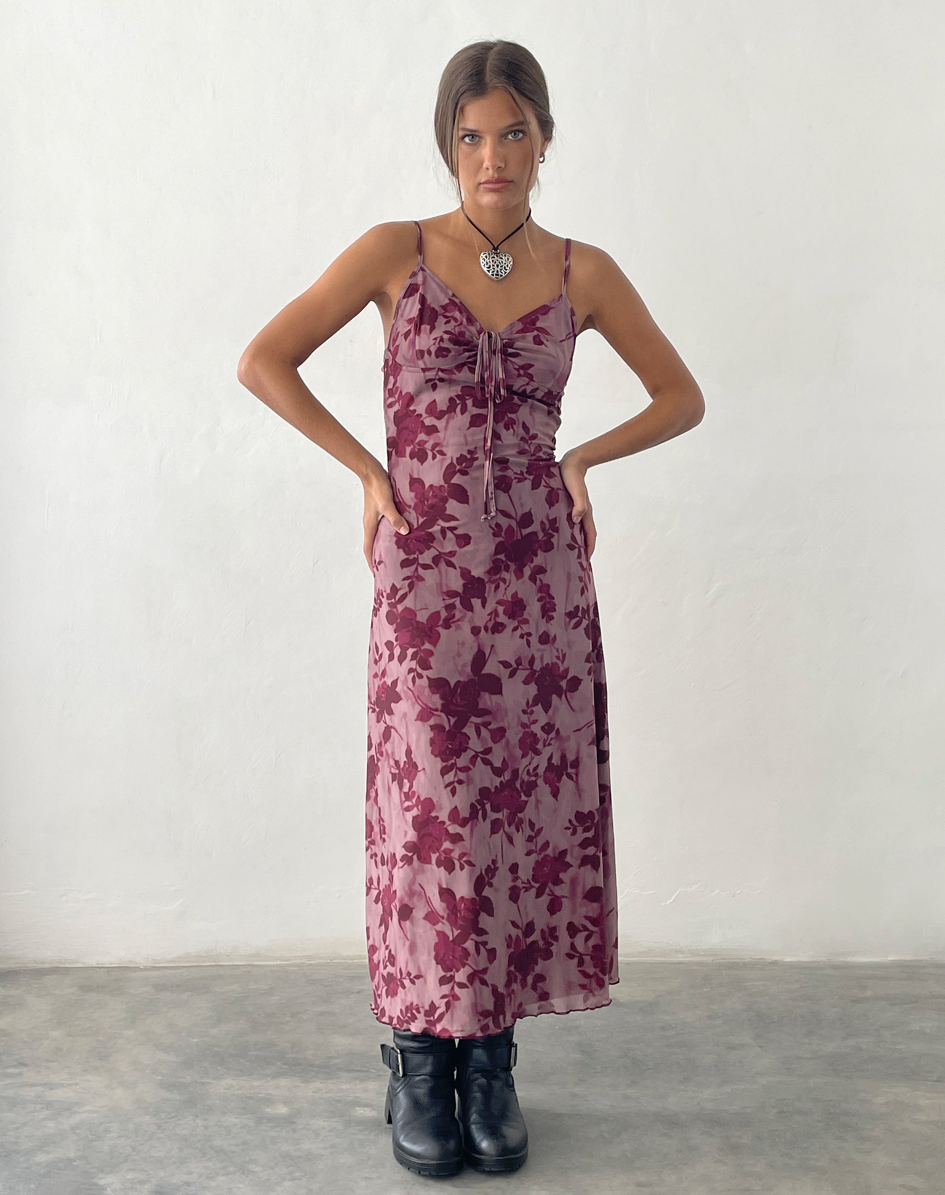 Image of Coya Maxi Dress in Mesh Maroon Blurred Flower