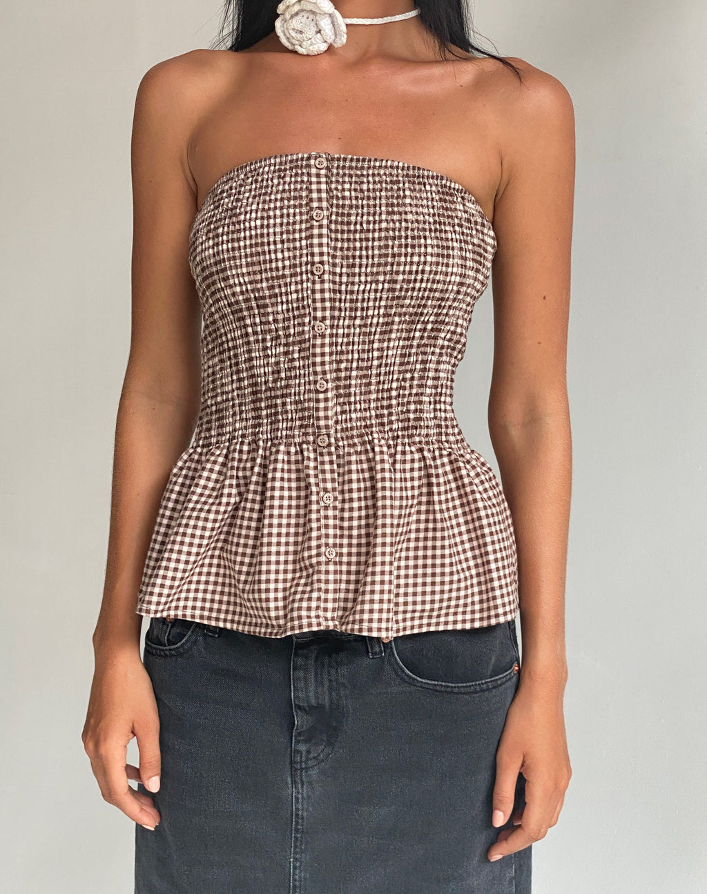 Soter Shirred Bandeau Top in Mini Gingham
