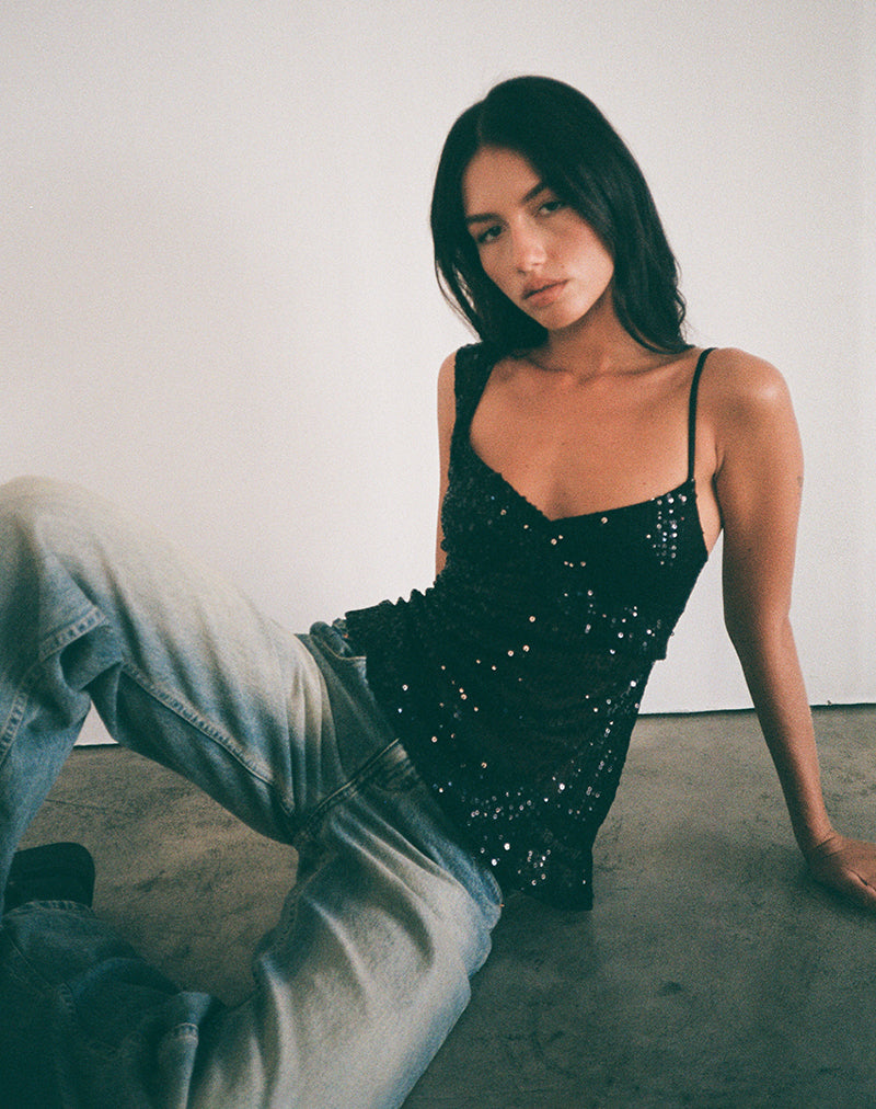 Image of Iranila Asymmetric Top in Gauzy Sequin Black