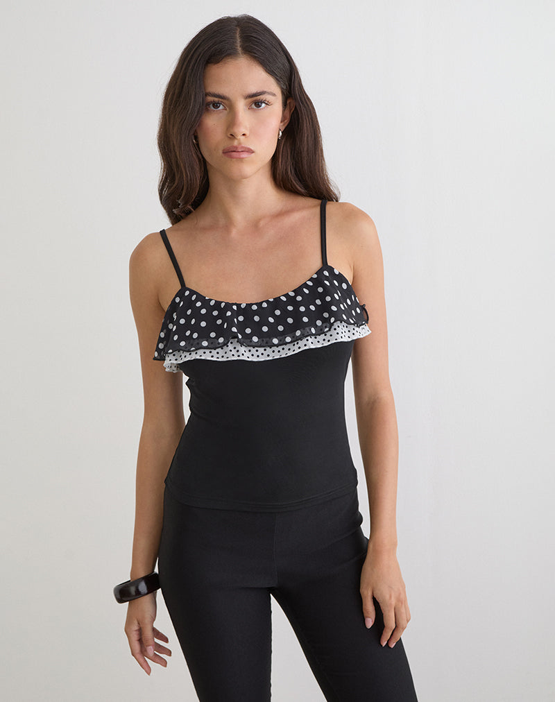 Iridia Top in Cupro Black with Tiny Polka Ruffles