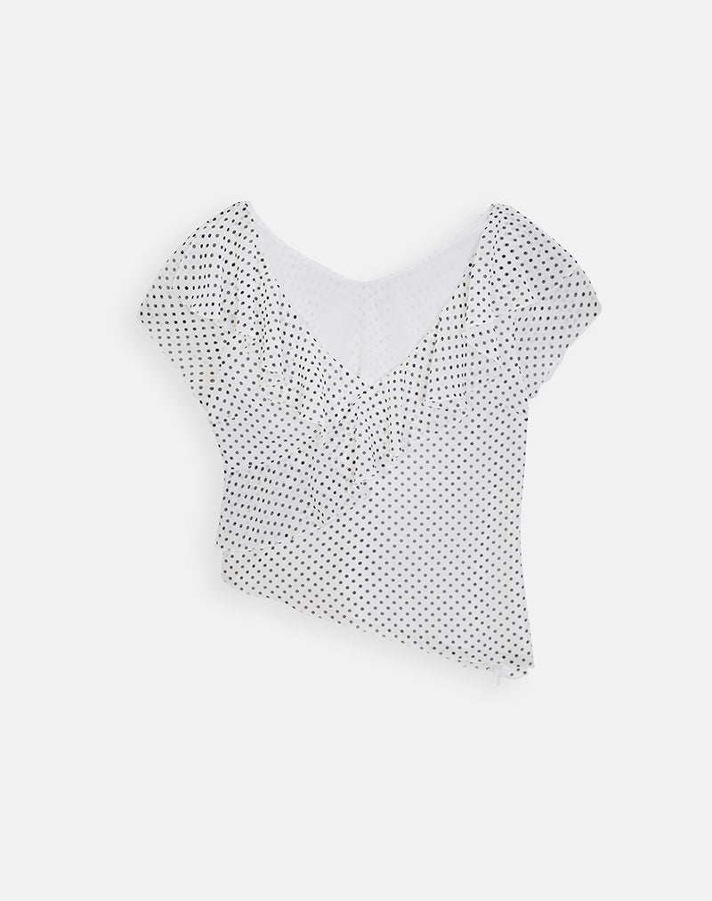Image of Iskar Top with Frill in Chiffon White with Polka Print