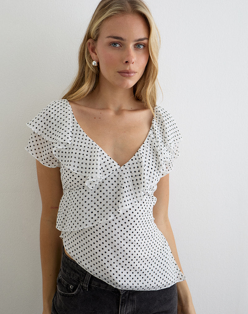 Iskar Top with Frill in Chiffon White with Polka Print