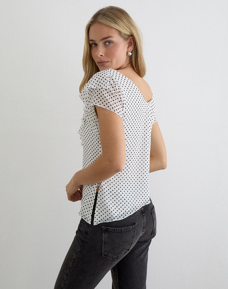 Image of Iskar Top with Frill in Chiffon White with Polka Print