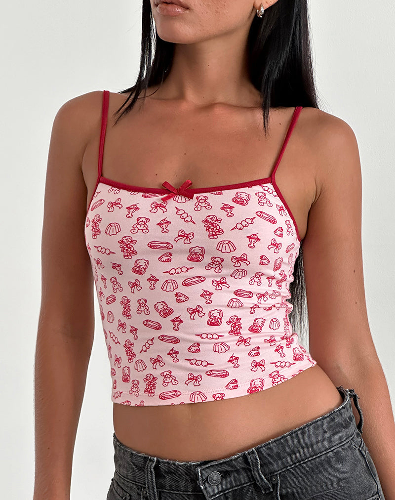 image of Isna Cami Top in Girlie Print with Red Binding