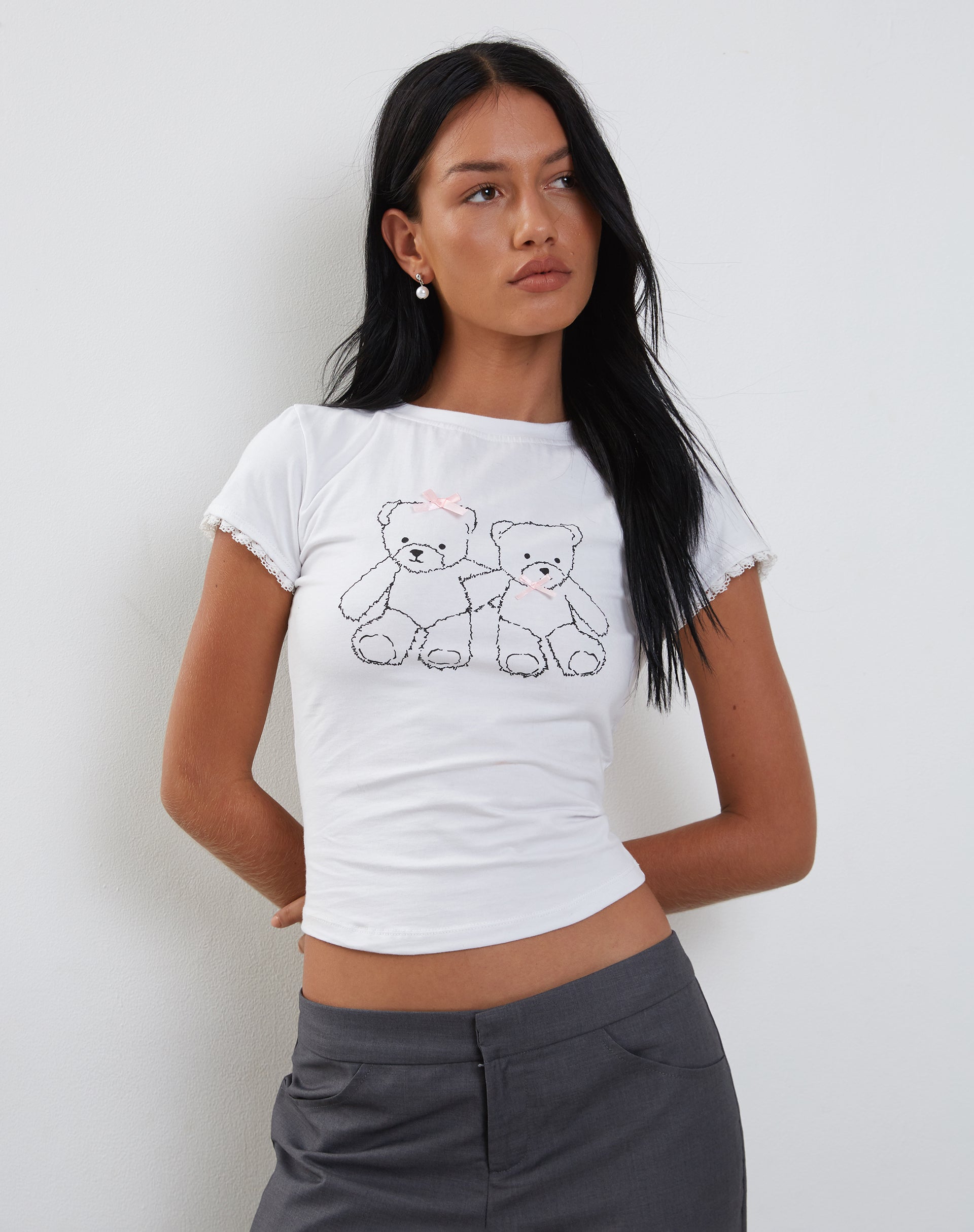 Image of Izzy Lace Trim Tee in White Teddy Motif