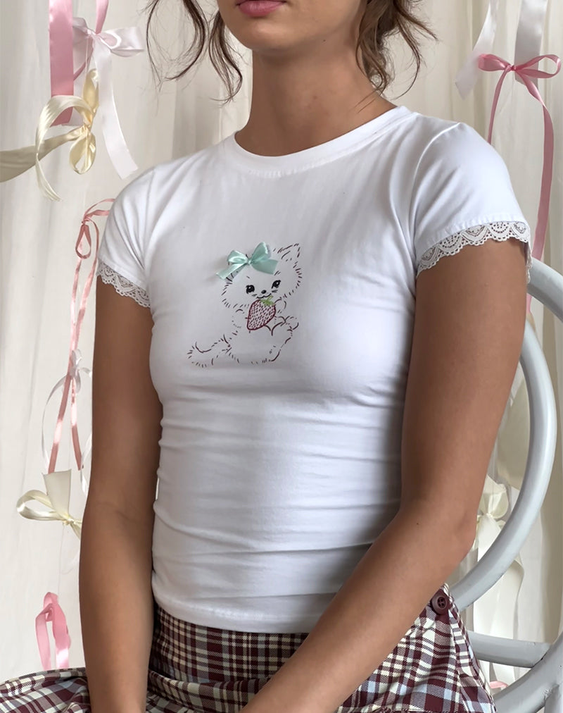 Image of Izzy Tee in White with Strawberry Cat Print