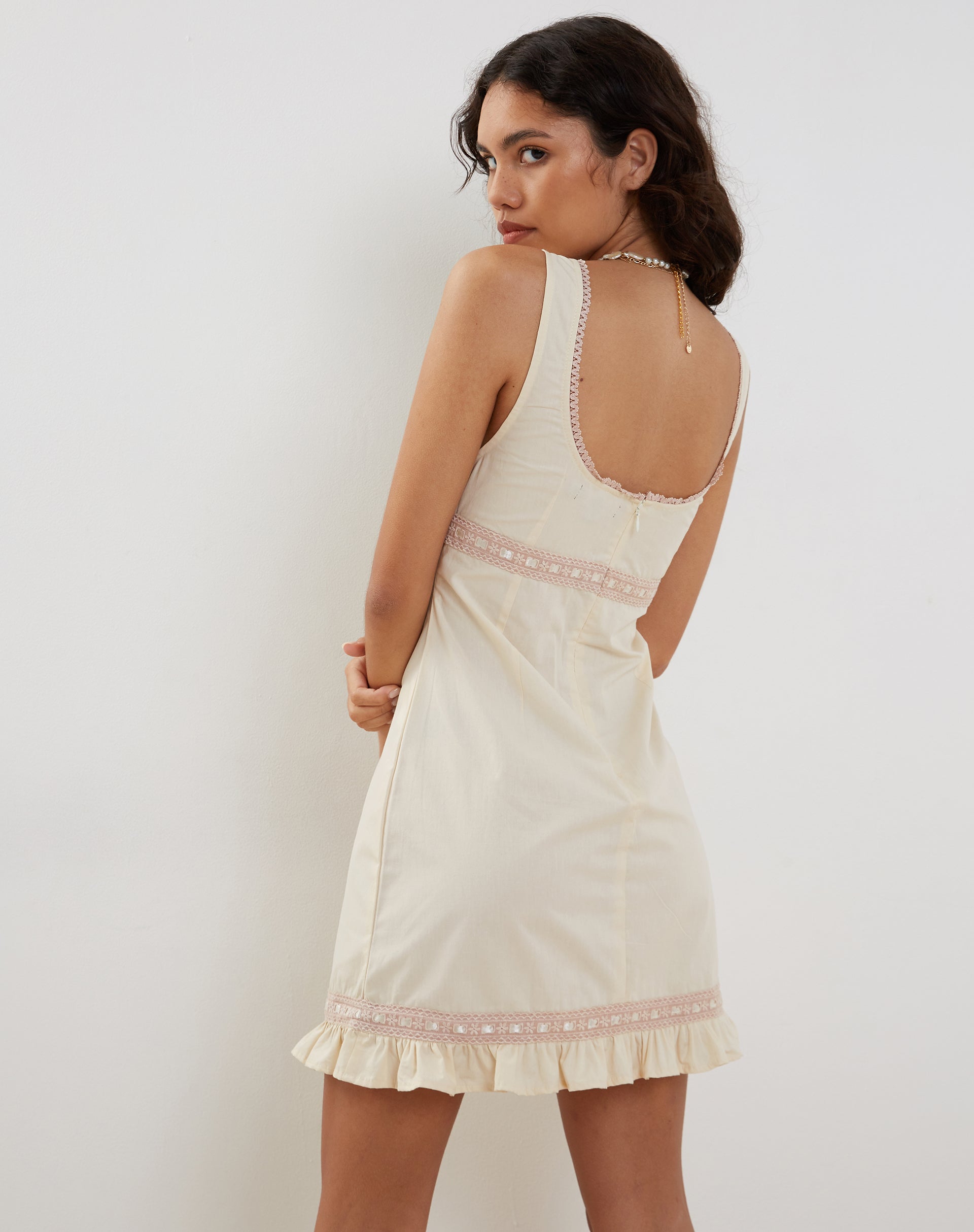 Image of Jacena Lace Trim Mini Dress in Ivory