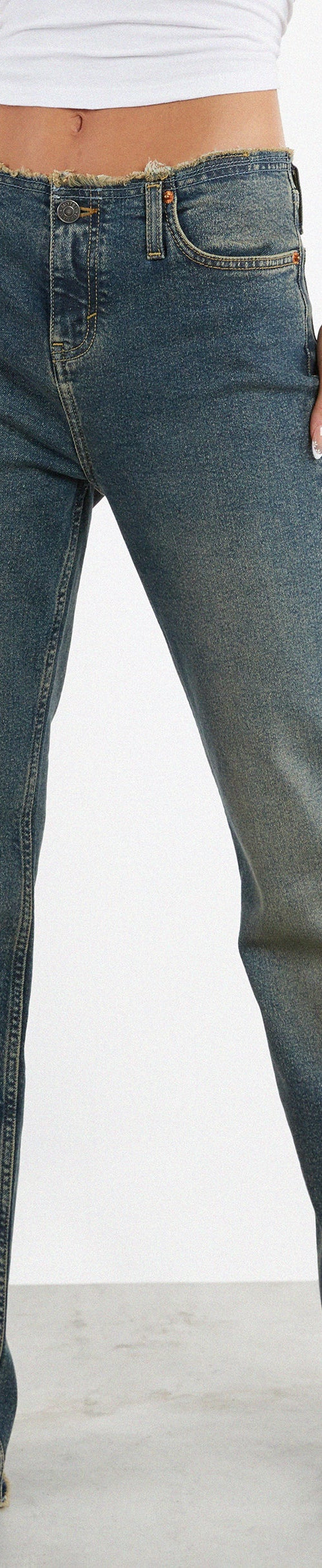 Image of Frayed Low Rise Jeans in Brown and Blue Acid