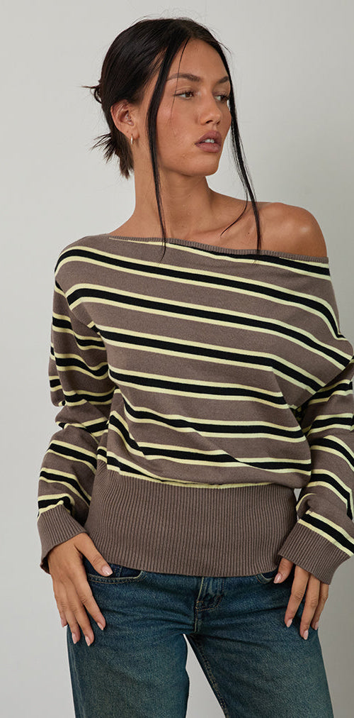 Image of Jalira Asymmetric Cinch Jumper in Stripe Brown and Yellow