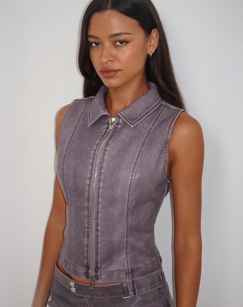 Janae Vest Top in Distressed PU Washed Plum