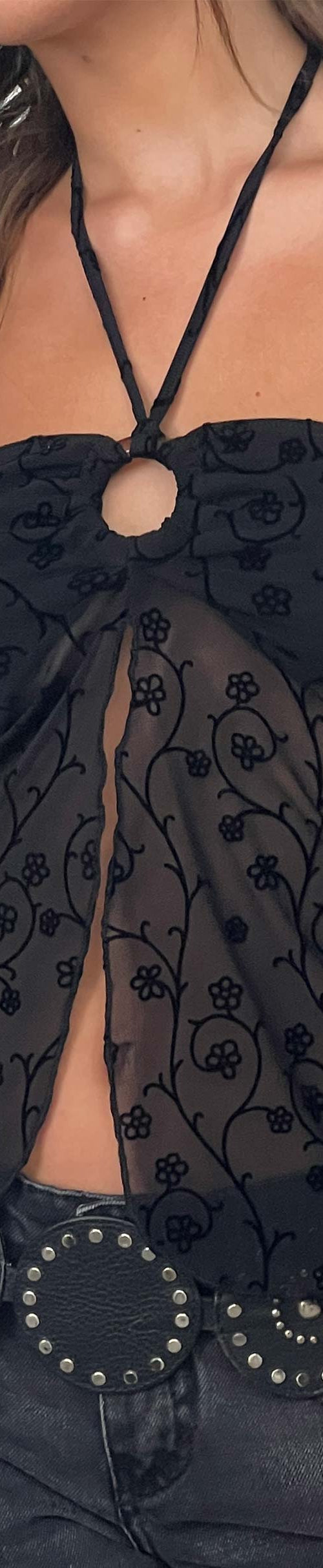 image of Janar Halterneck Top in Black Dainty Floral Flock