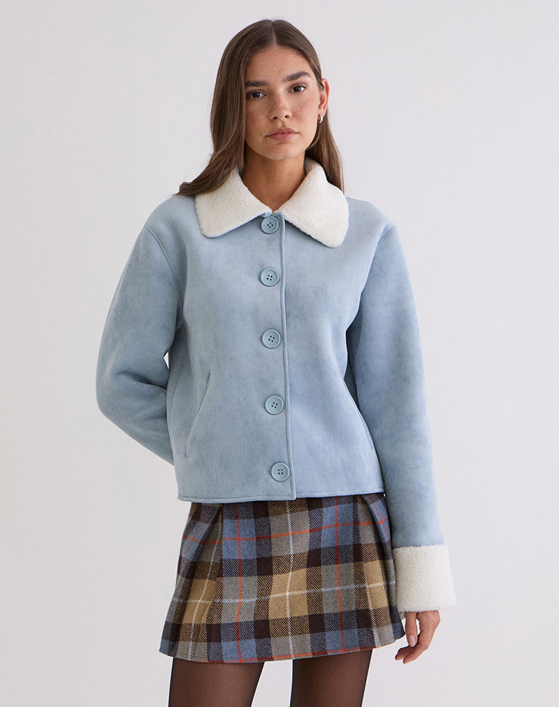 Jano Jacket in Faux Suede Blue with Borg