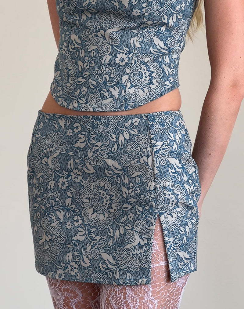 Pravara Mini Skirt in Blue Ornate Print