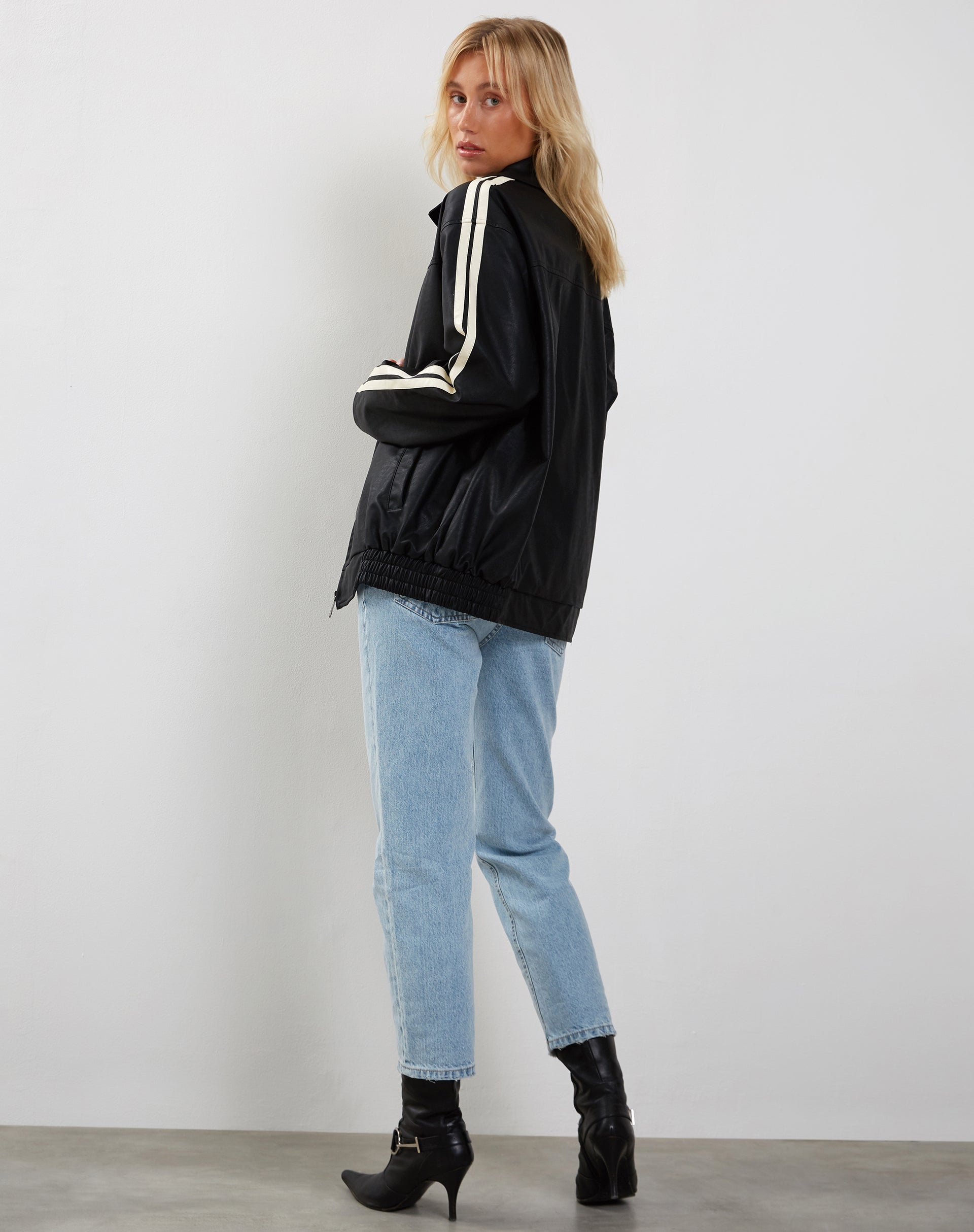 Image of Javana Zip Up Jacket in PU Black with Beige Stripe