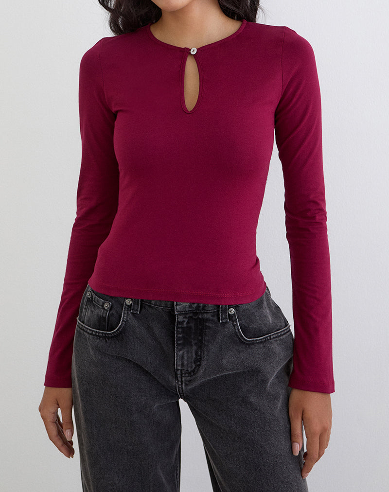 Jenji Long Sleeve Top with Pearl Button in Burgundy