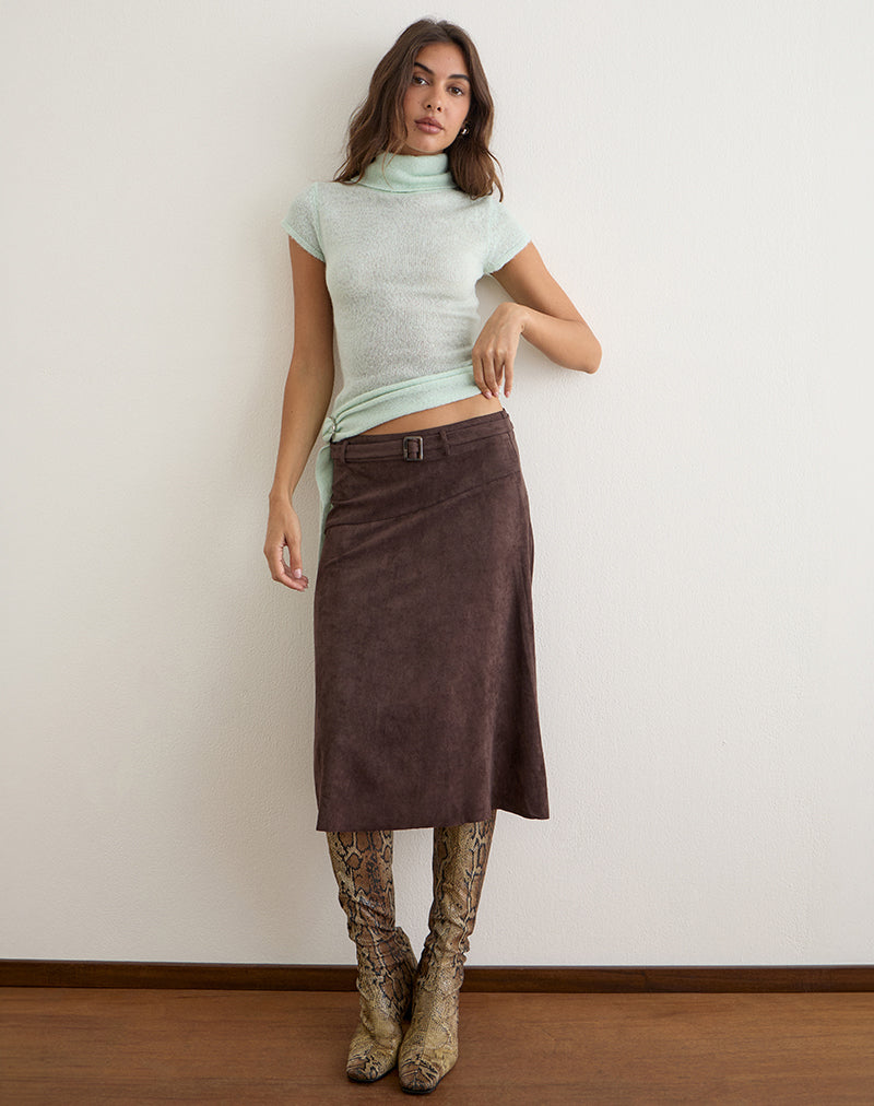 Image of Suzu Midi Skirt in Faux Suede Dark Brown