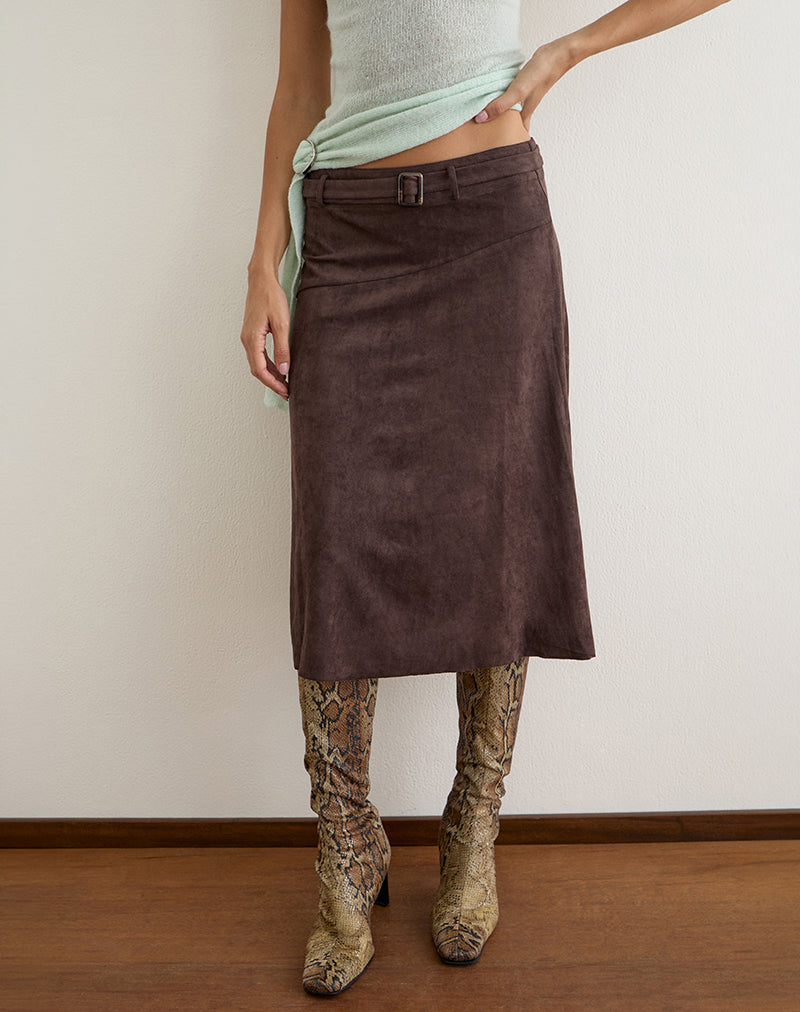 Image of Suzu Midi Skirt in Faux Suede Dark Brown