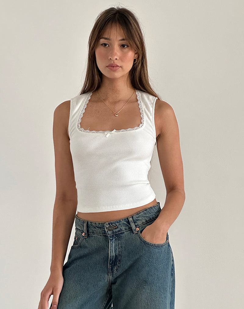 Jinila Top in Off White with Bow and Lace Trim