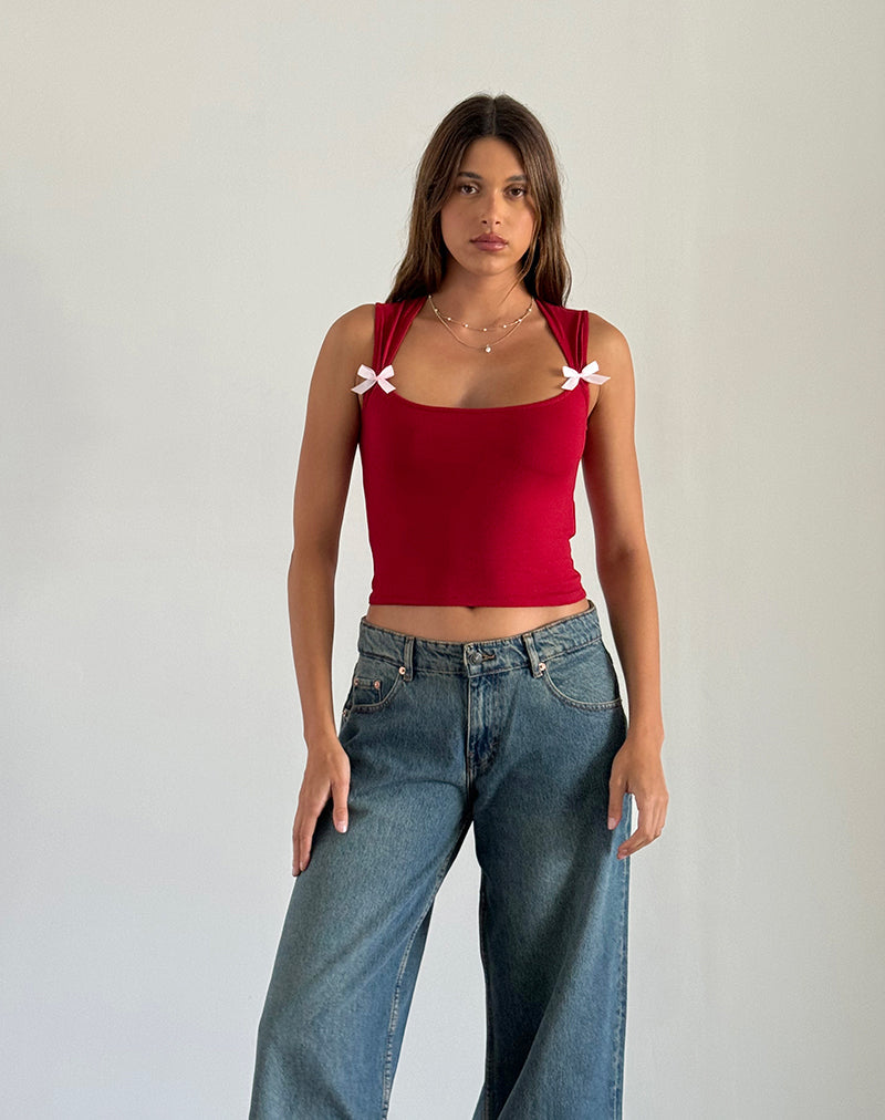 Image of Jiniso Crop Top in Adrenaline Red with Pink Bows