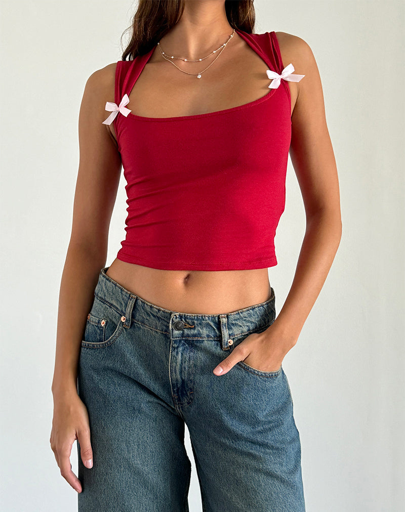 Jiniso Crop Top in Adrenaline Red with Pink Bows