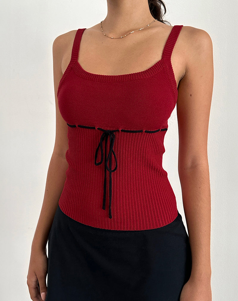 Image of Joanie Rib Cami Top in Red with Black Tie