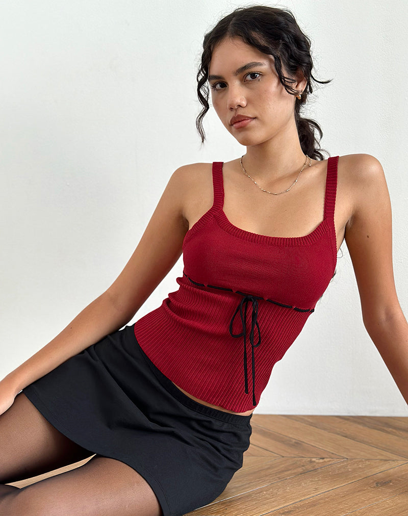 Joanie Rib Cami Top in Red with Black Tie