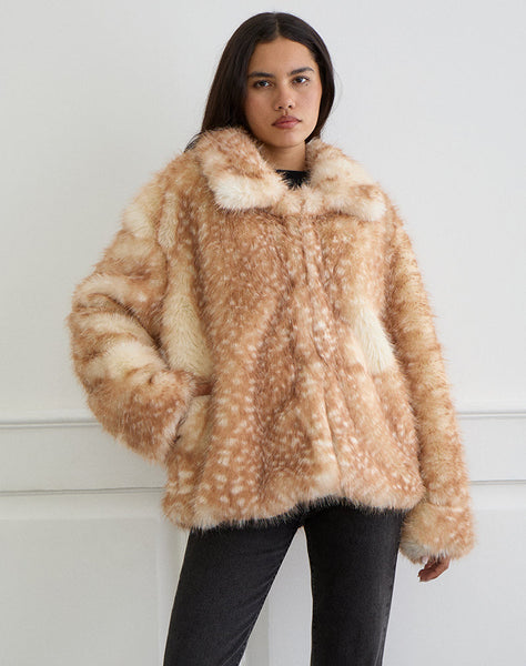 Beige Bambi Print Faux Fur Jacket | Joji – motelrocks-com-aus