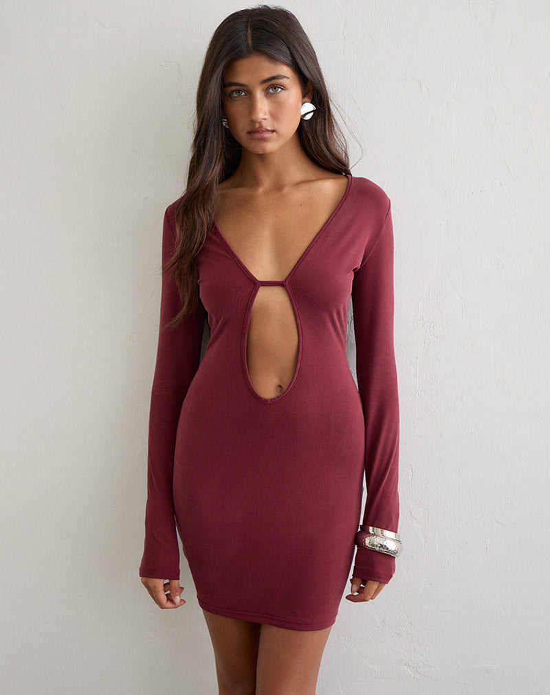 Image of Joram Long Sleeve Mini Dress in Cupro Burgundy