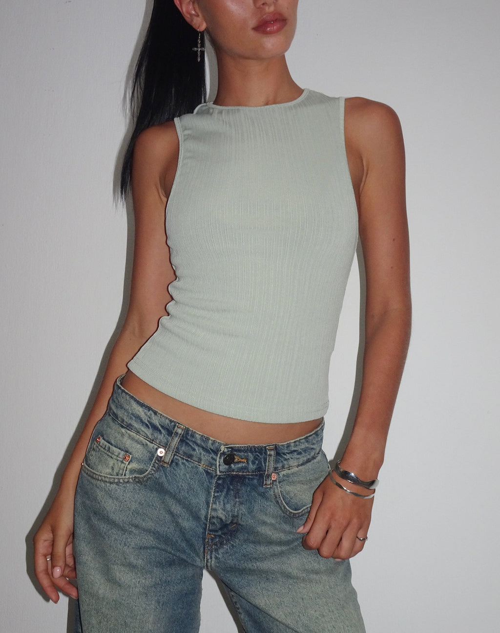 Jordin High Neck Jersey Top in Ribbed Mint