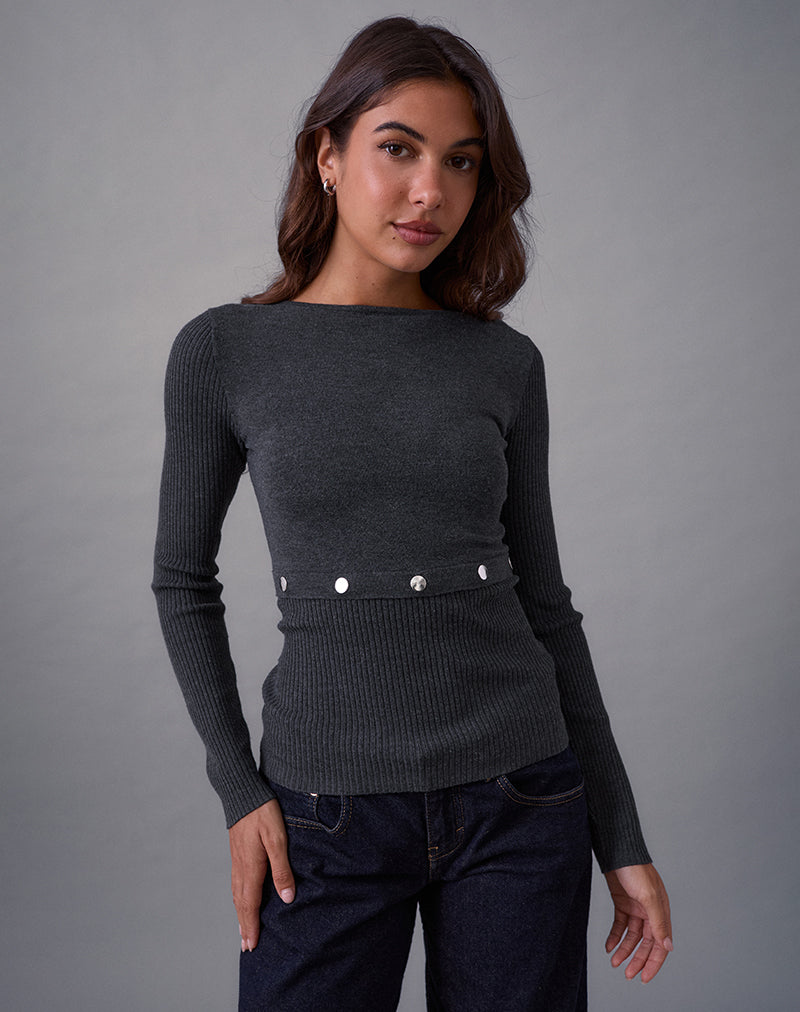 Image of Josa Long Sleeve Knit Top in Dark Charcoal with Studs