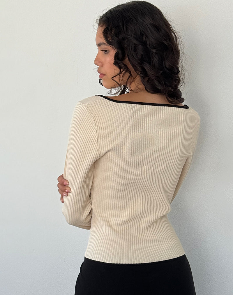 Image of Juhye Knitted Long Sleeve Top in Beige with Black Binding
