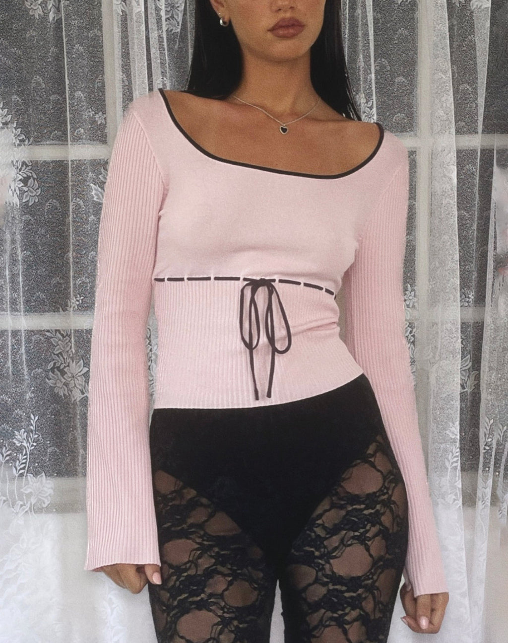 Juhye Knitted Long Sleeve Top in Blush Pink with Black Binding