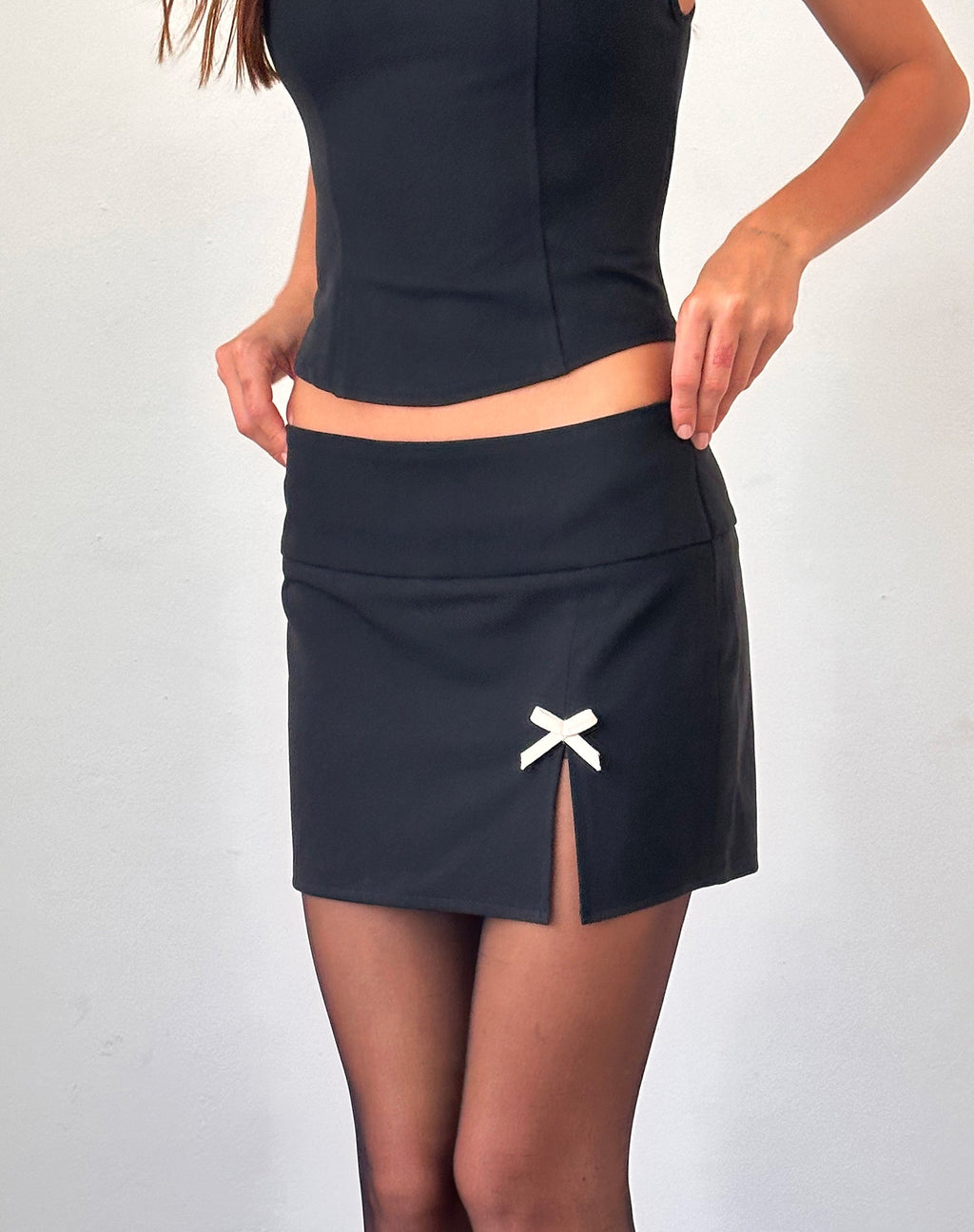 Yanti Mini Skirt in Black with Ivory Bows
