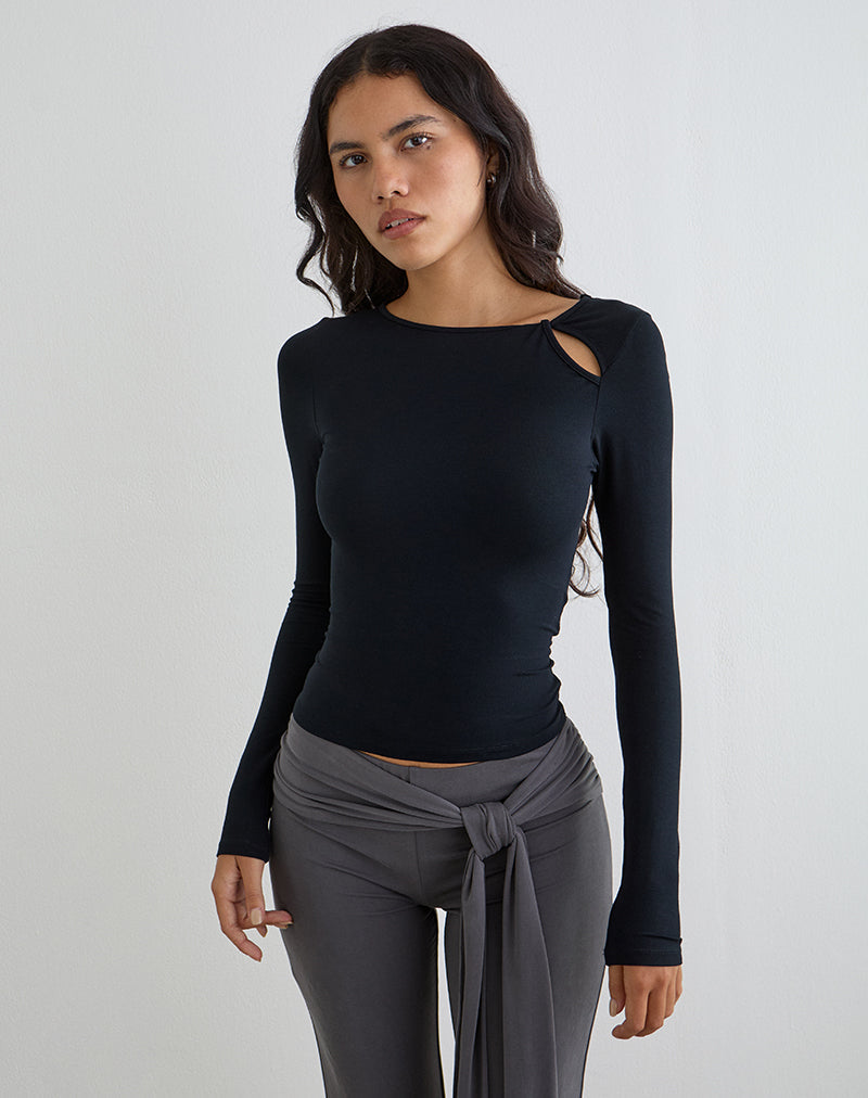 Image of Kalais Long Sleeve Twisted Neckline Top in Black